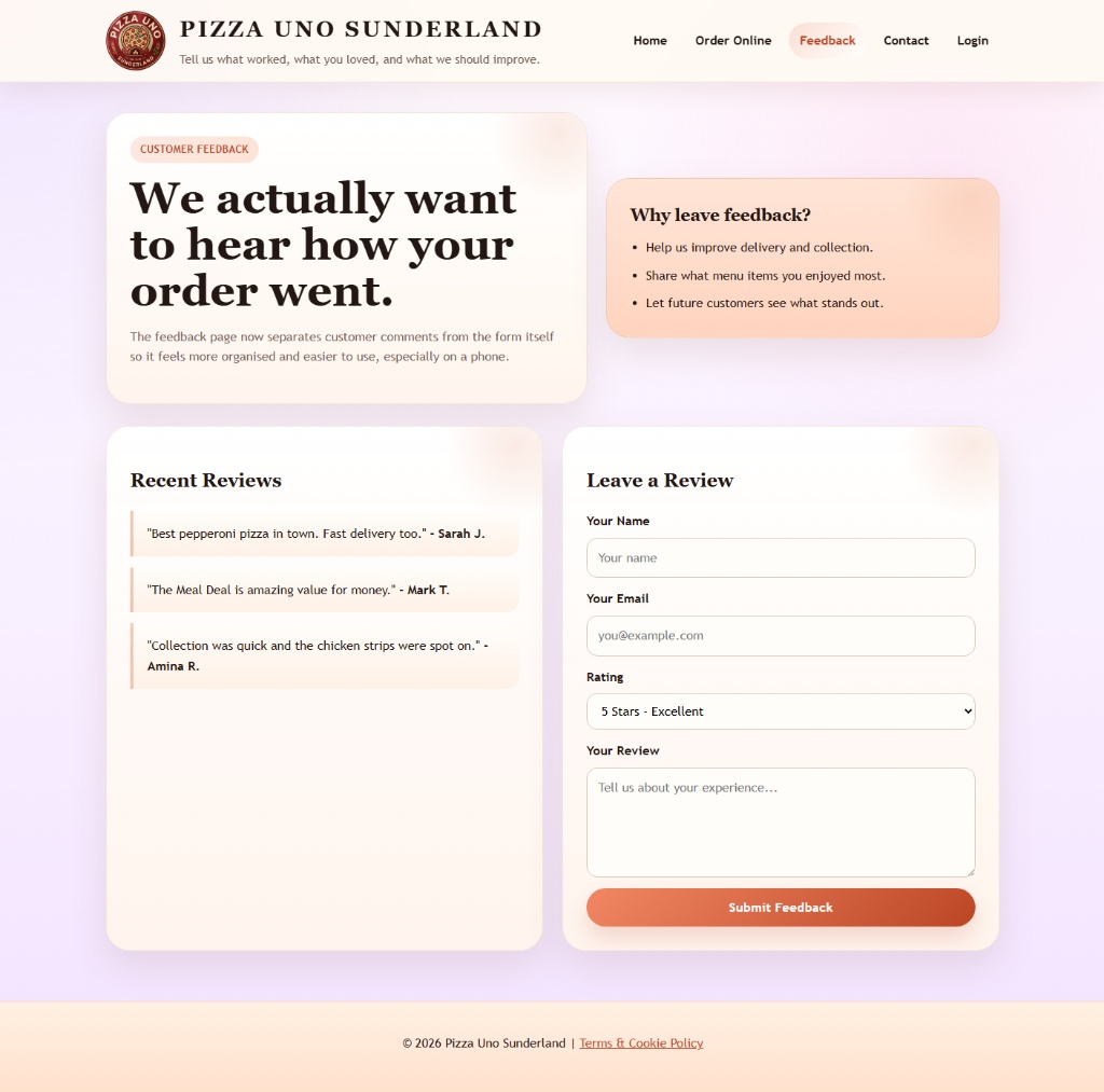 Pizza Uno feedback page