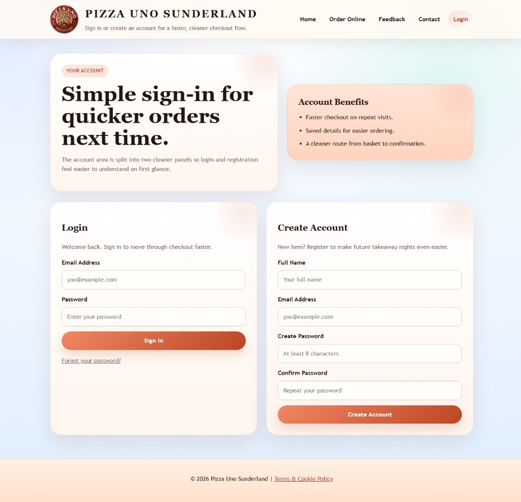 Pizza Uno login page